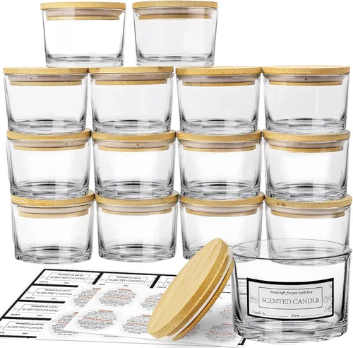 Vista 15 de CONNOO Paquete de 15 tarros de vela de vidrio ámbar de 4 onzas con tapas de bambú para hacer velas, recipientes de vidrio pequeños de boca ancha a