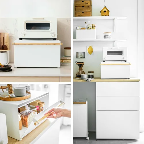 Vista 4 de YAMAZAKI Caja de Pan Moderna para el Hogar – Contenedor de Almacenamiento de Pan de Acero + Madera para Encimera, Caja de Pan Grande Blanca