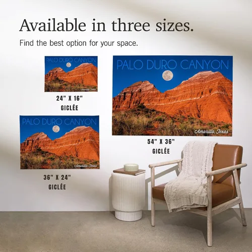 Vista 7 de Lantern Press Impresión Giclée de 16 x 24 pulgadas, Amarillo, Texas, Palo Duro Canyon, Luna y Roca Roja