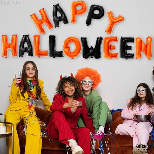 Vista 3 de KatchOn, Cartel de globos de Feliz Halloween, 16 pulgadas, paquete de 14, pancarta de feliz Halloween para decoraciones de fiesta de Halloween