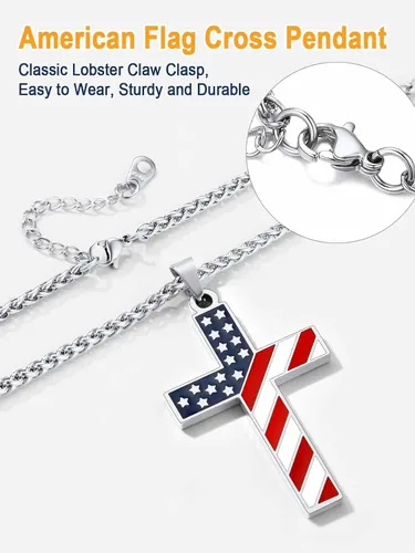 Vista 4 de U7 Collar de bandera estadounidense, colgante de águila de Estados Unidos, colgante de cruz de bandera estadounidense, joyería patriótica