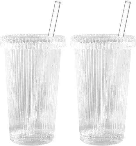 Vista 2 de 2 tazas de vidrio transparente acanalado de 12.7 fl oz con tapas y pajitas, tazas verticales multiusos a rayas para café helado, bebidas, leche