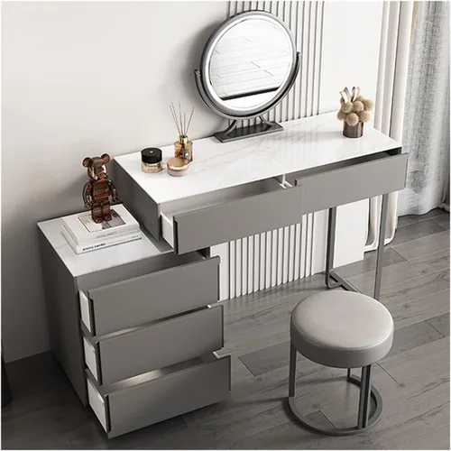 Vista 7 de HIHELO Dressing Tables Wood Slate Dressing Table Bedroom Simple Gray Makeup Table Side Cabinet Makeup Stool Mirror Telescopic Side Cabinet Wooden
