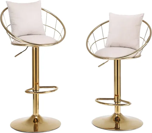 Vista 15 de Taburetes de bar giratorios de terciopelo con respaldo bajo y reposapiés, taburetes de bar ajustables con almohada, taburete de bar dorado de lujo