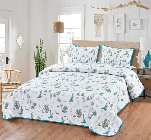 Vista 2 de De Leon Collections Juego de ropa de cama con 2 fundas de almohada, tamaño King, poliéster, desierto de Saguaro Azul/Blanco/Bronceado