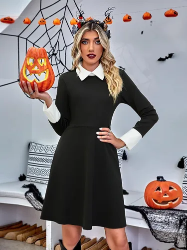 Vista 3 de GIKING Disfraz de Halloween Addams, disfraz familiar para mujer, vestido de miércoles para adultos, vestido vintage de piso de morticia