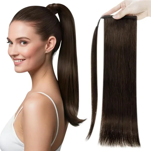 Vista 22 de Extensiones de cabello Full Shine con clip para cola de caballo, cabello humano, tonos medios marrones y rubio miel, envoltura alrededor de la cola