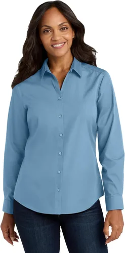 Vista 9 de Port Authority Camisa de popelín con manga larga y botones sin preocupaciones para mujer