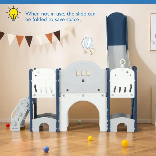 Vista 6 de Costzon Juego de tobogán 10 en 1 para niños pequeños, juego de tobogán y escalador con pizarra magnética, juego de anillos, aro de baloncesto, túnel