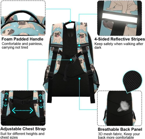 Vista 4 de ALAZA Divertidas mochilas de viaje para computadora portátil, mochila escolar para hombres, mujeres, adolescentes, niños, 33, Pugs de dibujos Pugs