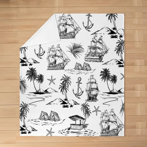 Vista 2 de Manta costera de franela de playa, velero y ancla para niños, niñas, niños y adolescentes, manta de forro polar con palmera de pez satr, manta retro