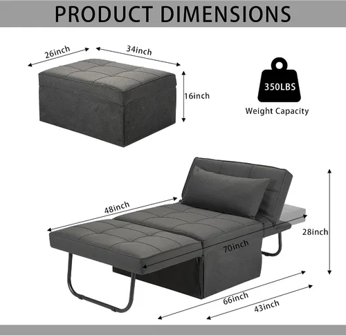 Vista 2 de Sofá Cama, 4 en 1 Otomana Plegable Multifunción de Lino Transpirable Cama Sofá con Respaldo Ajustable Silla Convertible Moderna para Sala de Estar