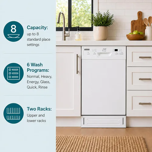 Vista 3 de SPT SD-9254W Energy Star 18″ Lavavajillas empotradas con secado con calefacción - Blanco