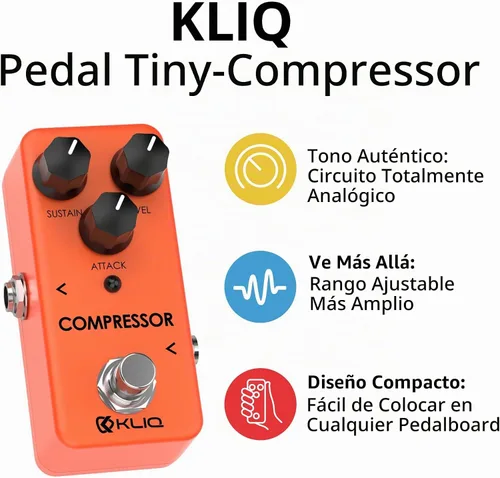Vista 2 de KLIQ - Pedal de efecto de compresor pequeño para guitarra y bajo Compresor (naranja)