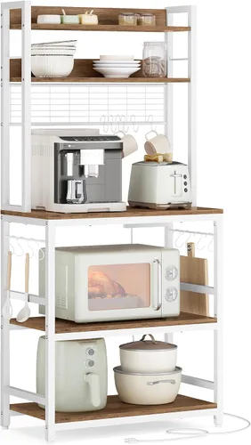 Vista 13 de VASAGLE Estante de panadería con toma de corriente, soporte para microondas, estante de almacenamiento alto de cocina, con panel de alambre