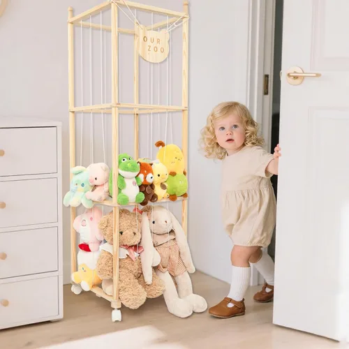 Vista 7 de Organizador de zoológico de almacenamiento de animales de peluche, soporte alto de torre de madera para juguetes de peluche grandes, exhibición