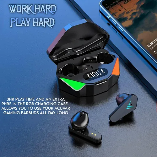 Vista 4 de eDealz Auriculares inalámbricos Bluetooth 5.2 a prueba de sudor para juegos con micrófono, LED RGB recargable, funda de carga de 24 horas, potentes