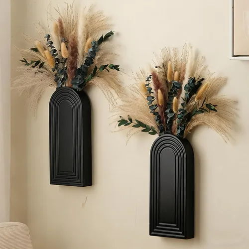 Vista 6 de Juego de 2 jarrones de pared de madera con eucalipto de hierba de las pampas, decoración de pared moderna de estilo bohemio para sala de estar