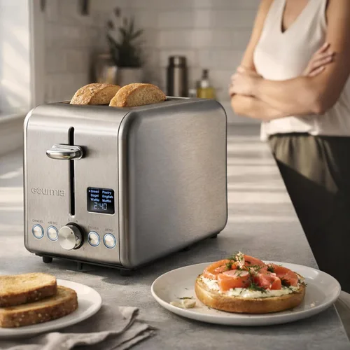 Vista 6 de Gourmia Tostadora digital – Capacidad de 2 rebanadas con pantalla LED, 5 funciones de tostado (pan, bagel, gofre, pastelería, magdalena inglesa), 7