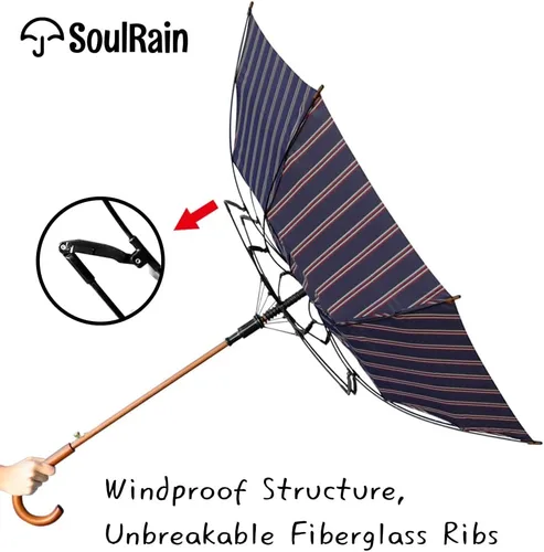Vista 5 de SoulRain Paraguas clásico con mango de madera de 48 pulgadas, apertura automática, resistente al viento, transparente, irrompible, paraguas