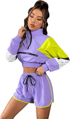 Vista 4 de SweatyRocks Conjunto de sudadera corta de 2 piezas con media cremallera y cordón para mujer