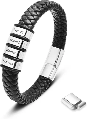 Vista 20 de Pulsera personalizada para hombre con cuentas de nombre personalizadas, pulsera de cuero trenzado personalizada grabada con 2-6 nombres