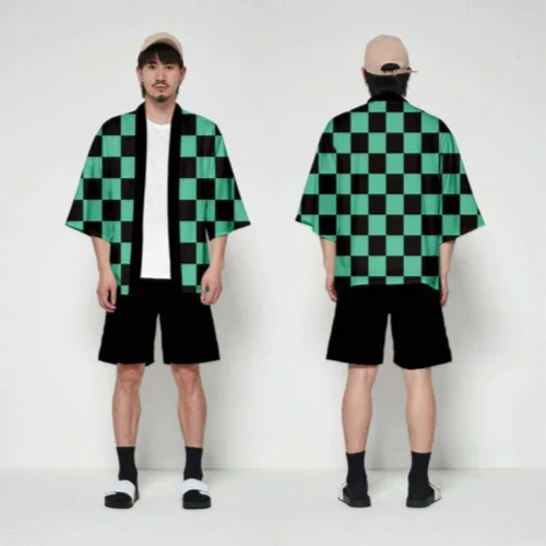 Vista 3 de Demon Slayer Kimetsu no Yaiba Tanjiro Kamado Cosplay disfraz de fiesta para hombre Kimono capa (S para altura 61.0in61 pulgadas) verde