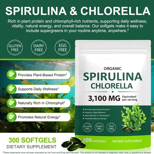 Vista 2 de Tiuedu Espirulina Chlorella Softgels 300 cápsulas, 17 en 1 mezcla de nutrientes verdes, cápsulas blandas de espirulina Chlorella, ricas en proteínas