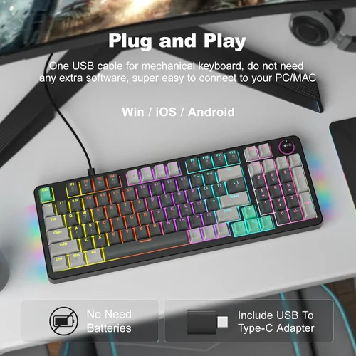 Vista 2 de GEEZER Teclado mecánico para juegos con retroiluminación LED, interruptor azul, perilla de volumen, 96 teclas, tamaño completo, compacto, USB