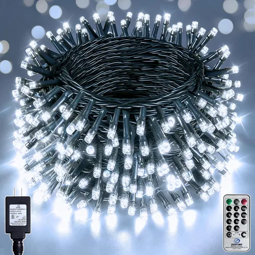 Vista 8 de Guirnalda de 200 luces LED de color blanco cálido de 66 pies, cable verde oscuro, 8 modos de temporizador, IP44, impermeable, para interiores