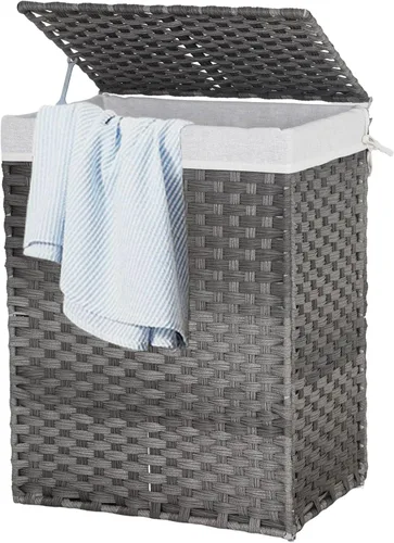 Vista 8 de Cesta de ropa con tapa, cesta de lavandería de 90 litros con tapa, cestas grandes para lavandería con 2 bolsas extraíbles con forro, cesta de Marrón