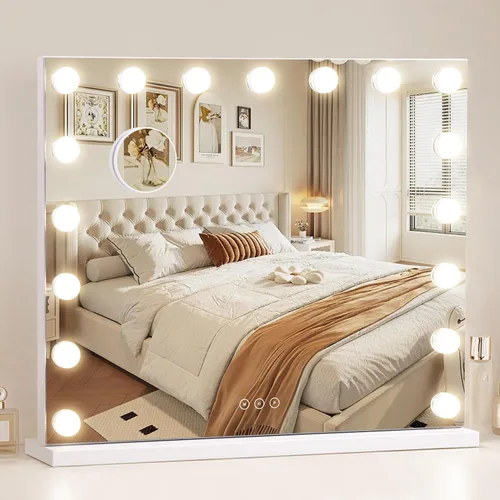 Vista 16 de Espejo de tocador con luces, espejo de maquillaje iluminado con bombillas LED regulables, 3 modos de iluminación de color, puerto de carga USB, Negro