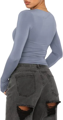 Vista 7 de KMBANGI Camiseta de manga larga con cuello redondo para mujer, básica, ajustada, de punto, acanalada, de moda, ropa de calle