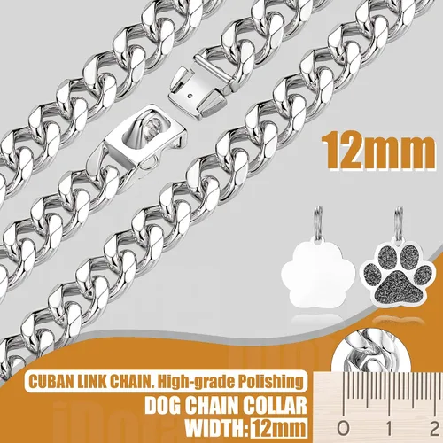 Vista 4 de Collar para perro de 0.47 pulgadas con hebilla de placa de identificación de eslabones cubanos plateados, collares de cadena de acero inoxidable