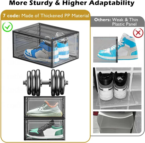 Vista 6 de Organizador de almacenamiento de zapatos de plástico transparente, grueso y resistente c/puerta magnética, cajas apilables, zapatero plegable
