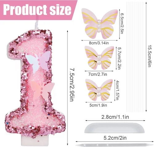 Vista 2 de Velas de números de cumpleaños, velas de números con purpurina de 2.95 pulgadas con complemento de mariposa, velas de números rosas con lentejuelas