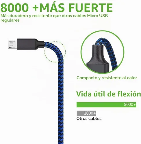 Vista 6 de Cable micro USB, 3 unidades, cargador Android de 10 pies, cable de carga Azul