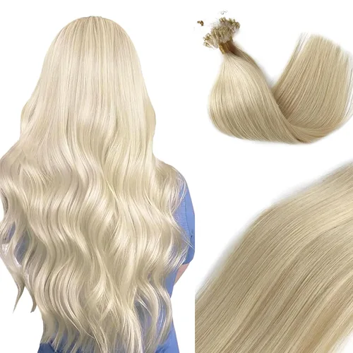 Vista 41 de Extensiones de cabello con micro puntas, 16 pulgadas, balayage, color #18, rubio beige, mezclado #60 rubio platino, extensiones de cabello humano