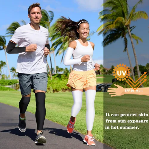Vista 6 de Geyoga 2 pares de mangas de compresión de longitud completa para piernas para hombres y mujeres, fútbol (negro, blanco, talla XS)