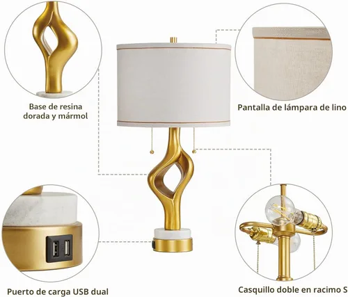 Vista 5 de Juego de 2 lámparas de mesa modernas de 26" para sala de estar y dormitorio, lámpara de mesa escultórica dorada con 2 puertos USB, lámparas