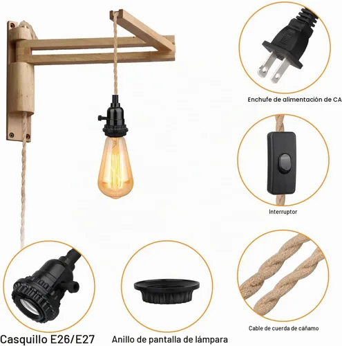 Vista 4 de Kit de luces colgantes de 16.5 pies, luces colgantes con cable de enchufe e interruptor, lámpara colgante de cuerda de cáñamo E26, cable de linterna