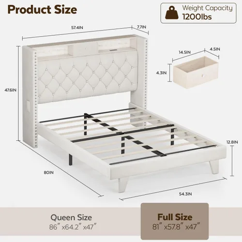 Vista 2 de Base de cama LED tamaño matrimonial con estación de carga USB, base de cama tapizada de terciopelo con cabecera de almacenamiento con botón