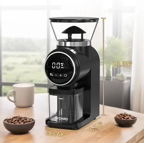 Vista 7 de AYCHIRO Molinillo de café de rebaba cónica, molinillo de granos de café con 30 configuraciones de molienda, molinillo de rebabas automático para uso