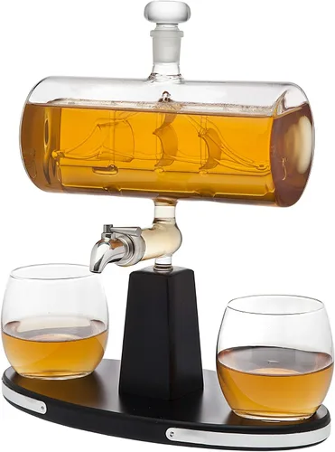 Vista 2 de Decantador Godinger de whisky con dispensador, con 2 vasos de whisky, para licor, whisky, bourbon, vodka