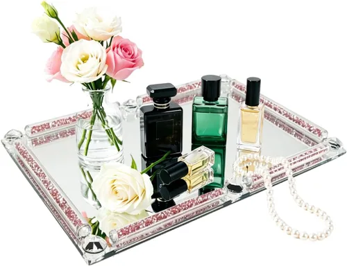 Vista 15 de Bandeja de cristal dorado, 11.8 x 7.9 pulgadas, bandeja decorativa de cristal para exhibición de perfumes cosméticos para una hermosa encimera