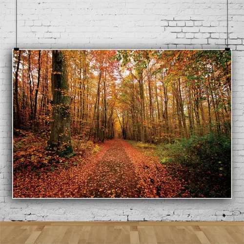 Vista 2 de Laeacco Telones de fondo de bosque otoñal para fotografía de poliéster de 5 x 3 pies, fondo de paisaje natural de otoño, hojas amarillas, camino