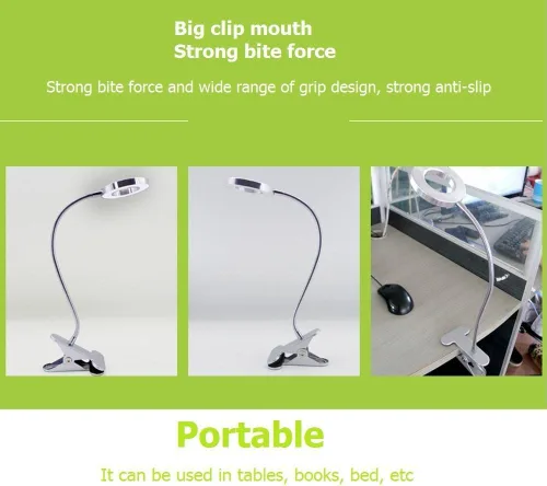 Vista 4 de ZJchao Lámpara de aumento de luz fría 2.5X, luz LED USB de belleza con clip de tubo de metal brazo oscilante para manicura de cejas y extensión