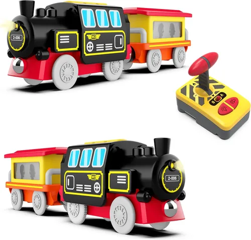 Vista 8 de Tren a pilas para pistas de madera, juguetes de tren motorizado para juego de vías de ferrocarril, juguete de tren eléctrico con tren de control