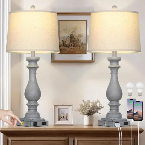 Vista 11 de Cinkeda Juego de 2 lámparas de mesa de 29 pulgadas de alto para sala de estar, lámparas vintage para mesita de noche con puertos USB C+A y salida