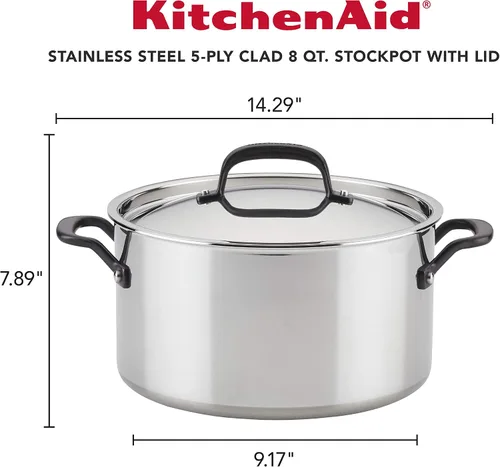 Vista 2 de KitchenAid Olla de acero inoxidable pulido de 5 capas con tapa, 8 cuartos de galón